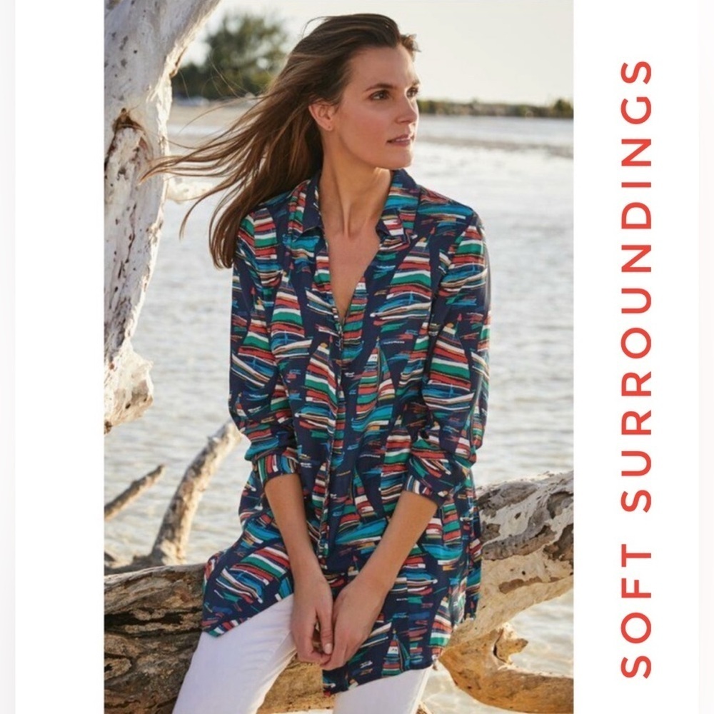 Soft Surrounding Nautical Sail Away Sailboat Button-Up Navy‎ Blouse Cape Cod - Picture 7 of 7